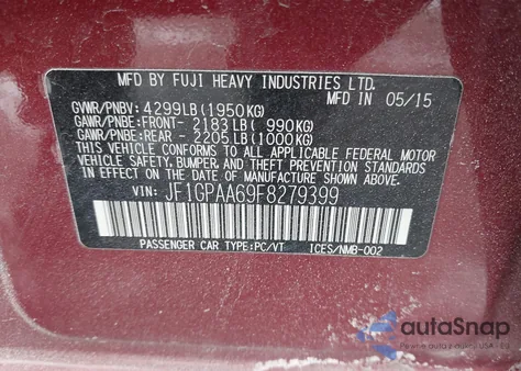 2015 Subaru Impreza 2.0I from USA, damaged, VIN JF1GPAA69F8279399